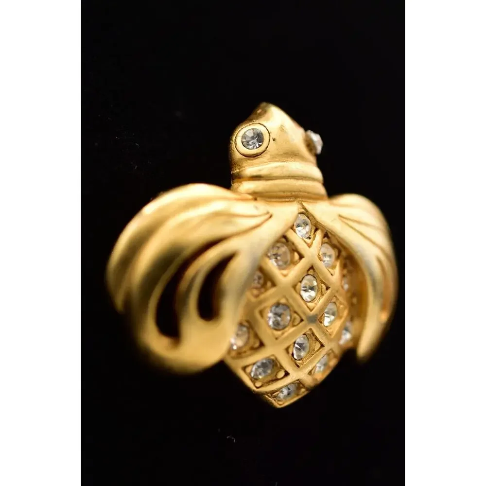 Swarovski Vintage Bee Bug Pin Brooch Brushed Gold Crystal Swan Signed 90s BinBG